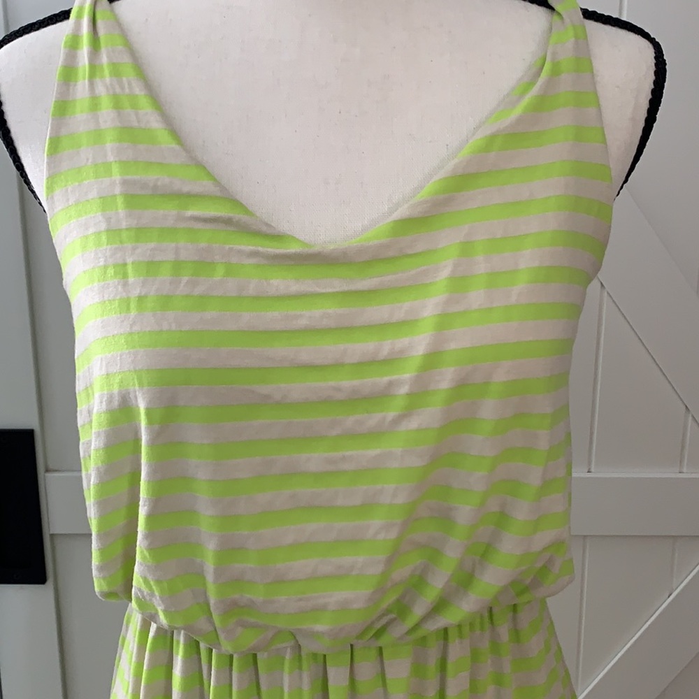 Gilli Lime Green Cream Stripe Dress Small Stretch Sleeveless Elastic Waist - Picture 2 of 5